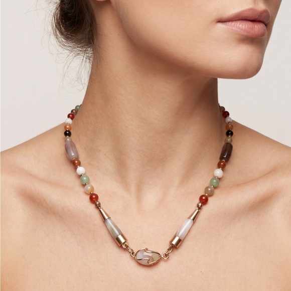 Artisan Jewelry - Vintage 70s Handmade Artisan Stone and glass Necklace Shepherd’s Hook Clasp